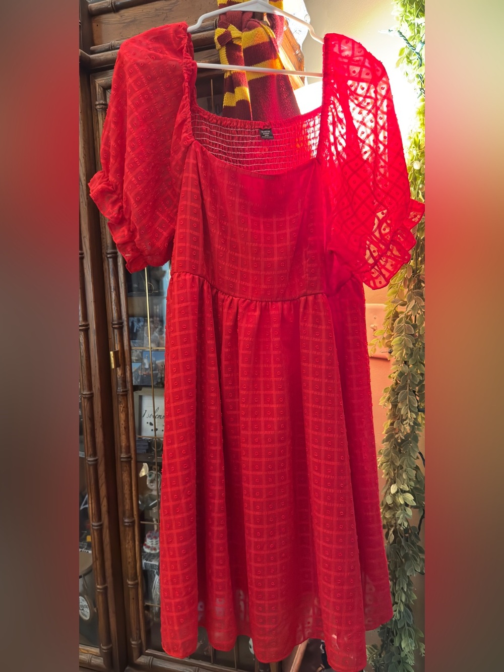 SHEIN Red Eyelet Puff Sleeve Square Neck Casual Dress